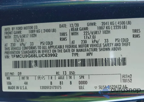 2020 Ford Escape Se z USA, uszkodzony, nr VIN 1FMCU9G68LUC63992